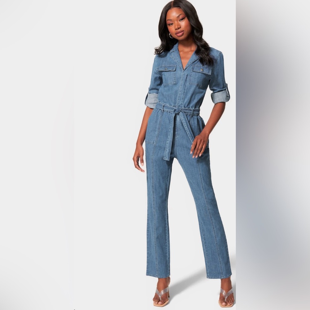 Bebe Roll Tab Sleeve Denim Jumpsuit